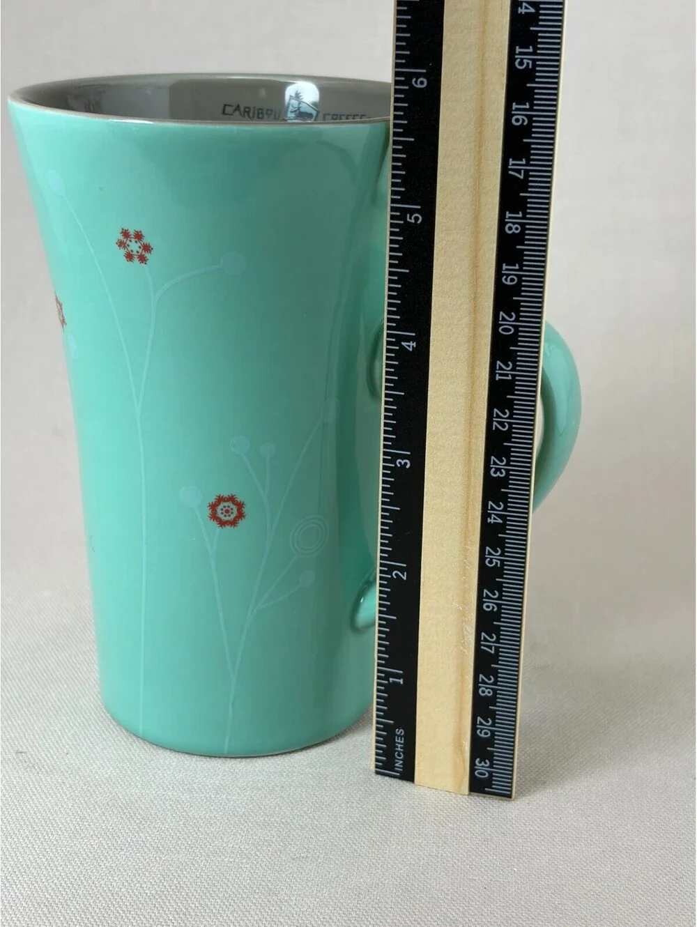 Caribou Coffee Tall Latte Mug Seafoam Teal Grey Snowflake Floral Ceramic Cup 16o